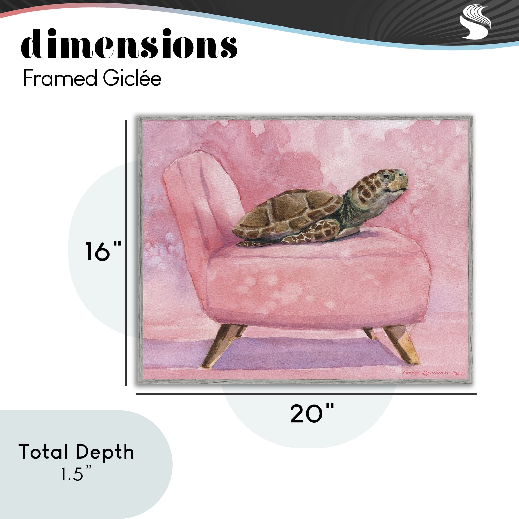 Stupell Industries Happy Turtle on Pink Chair Gray Framed Giclee Art, design by George Dyachenko