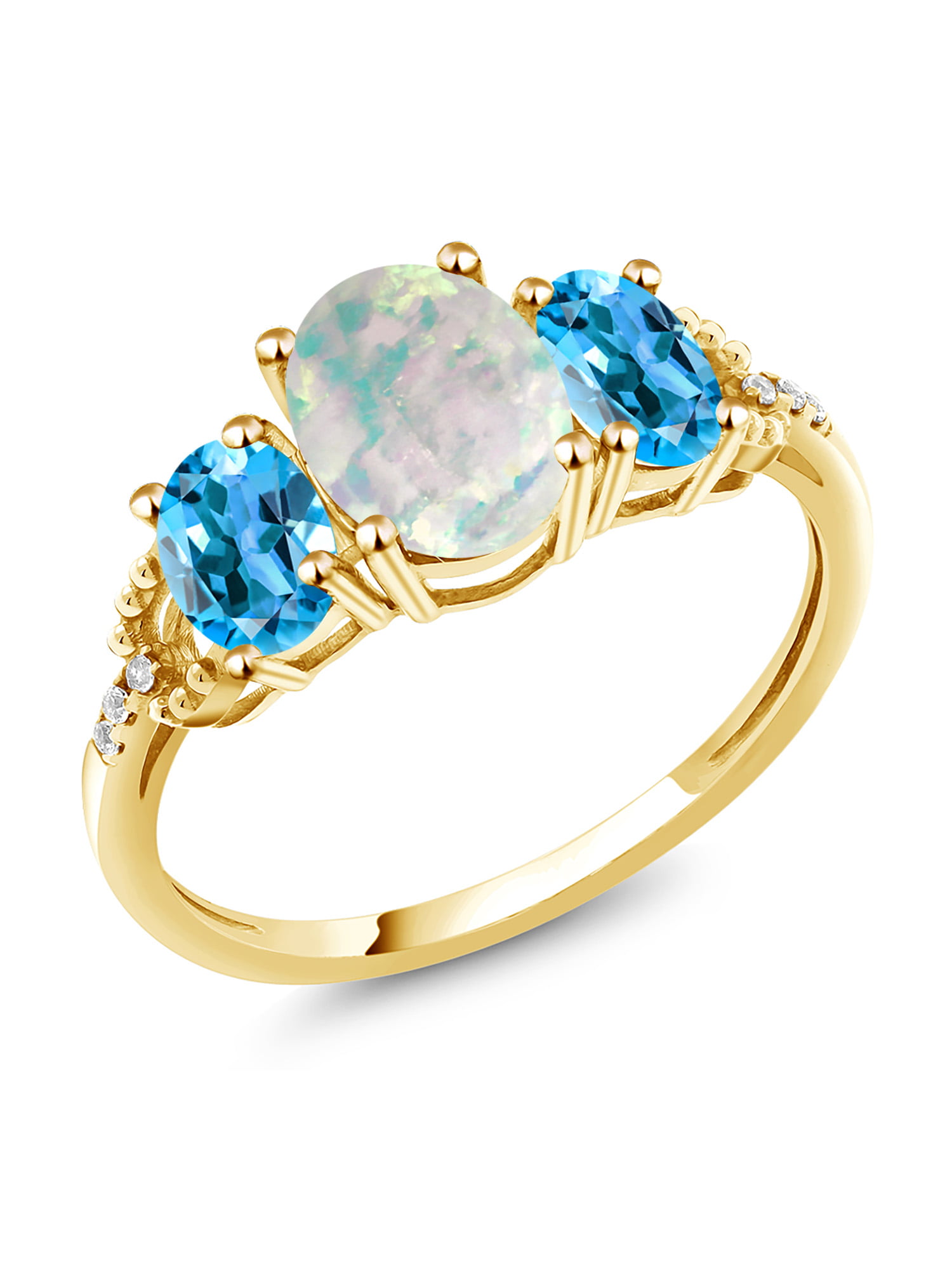 Gem Stone King 2.14 Ct Oval Cabochon White Simulated Opal Swiss Blue Topaz  10K Yellow Gold Ring