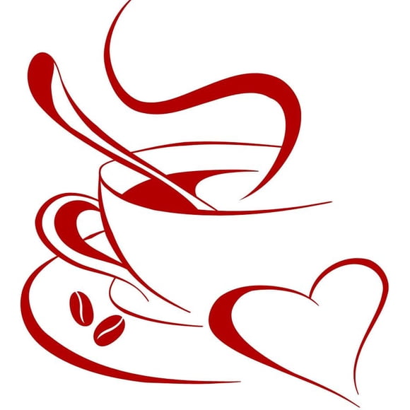 QTH Mural Tasse à café Coeur I Rouge (LxH) 52 x 58 cm I Tasse à café Haricots Autocollant Sticker Cuisine Mural W3040