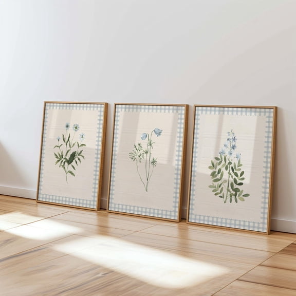 Blue Gingham Floral Nursery Wall Art Girls Flower Prints Cottagecore Blue Girls Room Set 3 Unframed Paper Print 8x12