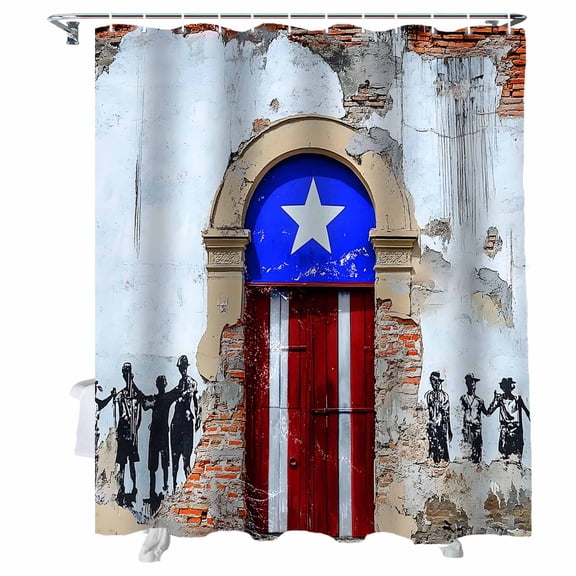 Shower Curtains Puerto Rico Flag Bath Curtain Retro Wall and Door Star Stripe Waterproof Bathroom Shower Curtain Set with Hooks Decoration 72 x 72 Inches