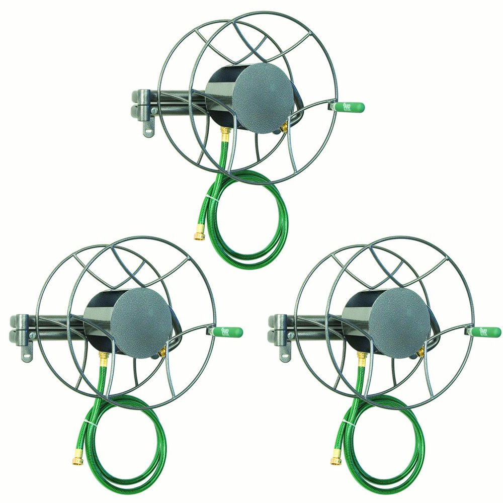Yard Butler 100 Foot Wall Mounted Swivel Steel Garden Hose Reel (3 Pack