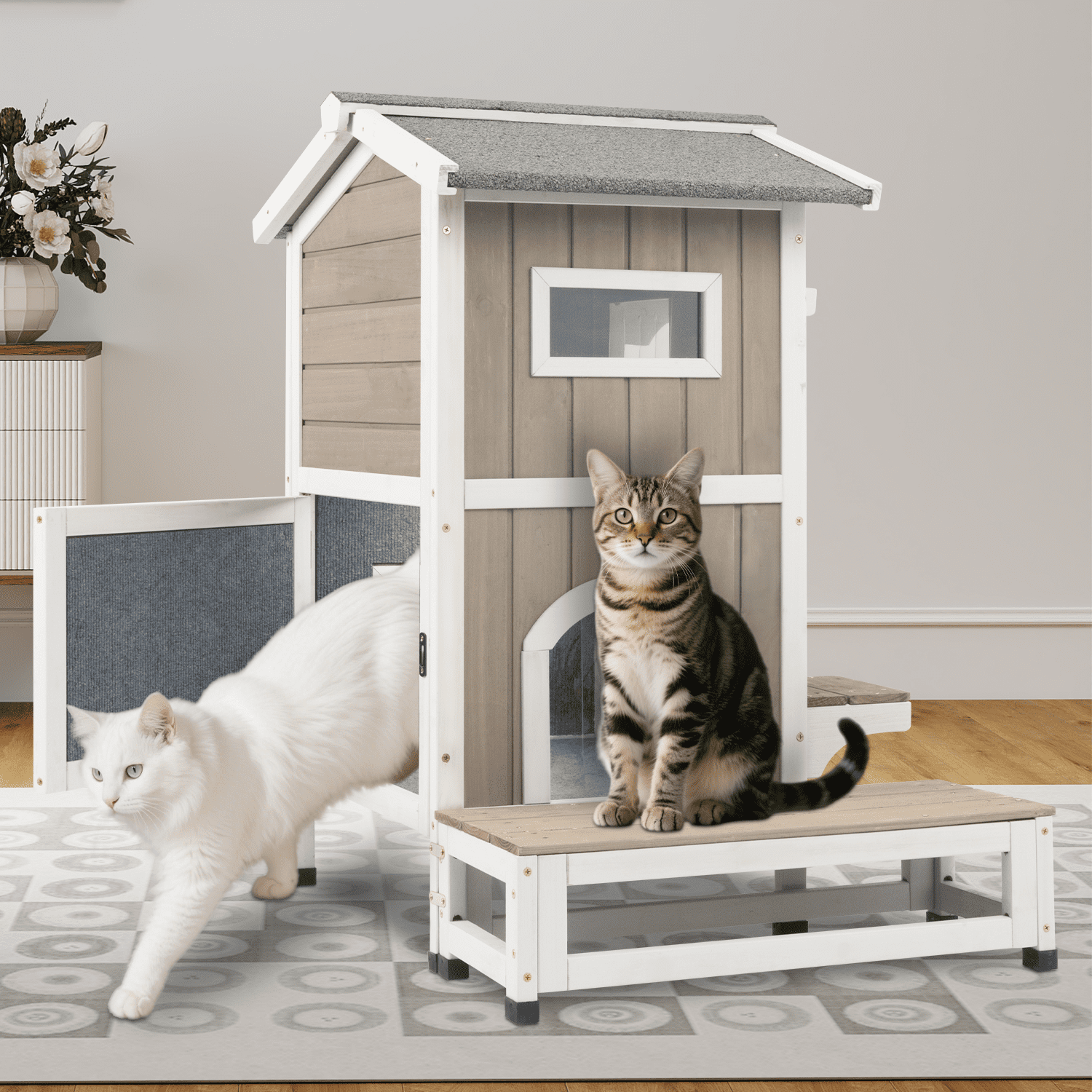 PETSCOSSET Insulated Outdoor Cat House Two-Story Thermal Cat Shelter with Platform