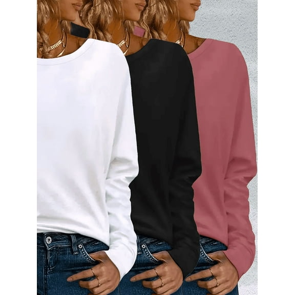 Zukuco 3 Pack Plus Size Long Sleeve T-Shirts for Women - Crew Neck Fall Tops Loose Fit Casual Tee Tunic Shirts (1X-5X)