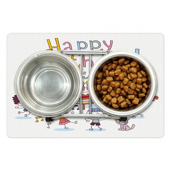 Birthday Pet Mat for Food and Water, Kindergarten Children Celebration Set up Creamy Cake Candle Print, Non-Slip Rubber Mat for Dogs and Cats, 18" X 12", by Ambesonne