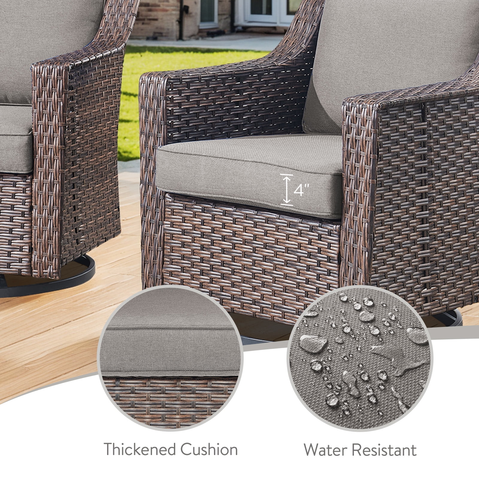 POCASSY Outdoor Swivel Rocking Chairs Set of 2, All Weather Brown Wicker Rattan Patio Furniture Set Patio Chairs with 360° Swivel Glider Chairs for Balcony, Garden, Porch, Pool and Backyard, Gray