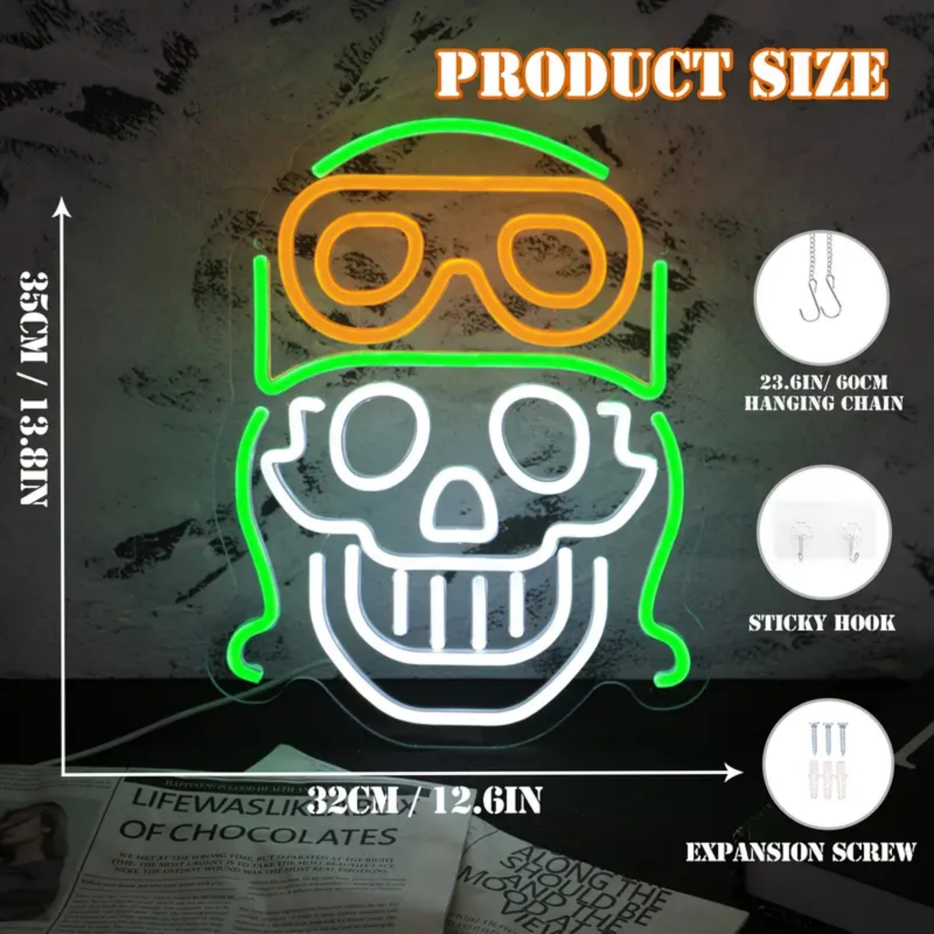 UPONRAY Skull Neon Signs, 13.8"*12.6" Dimmable & USB-Powered LED Neon Light, Stylish Wall Decor for Halloween Party, Home, Bar, Shop, Haunted House