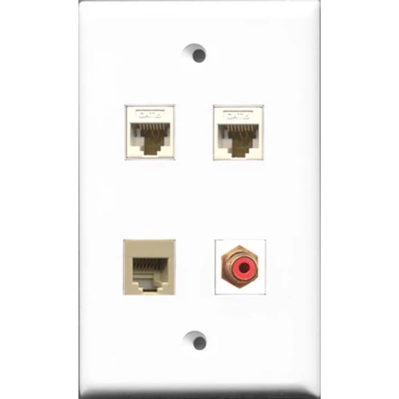 RiteAV 1 Port RCA Red and 1 Port Phone RJ11 RJ12 Beige 2 Port Cat6 Ethernet White Wall Plate