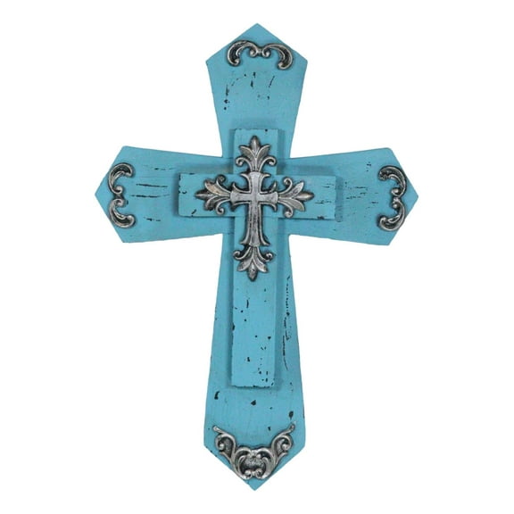 Rustic Western Turquoise Silver Scrollwork Faux Wood Layered Wall Cross Crucifix