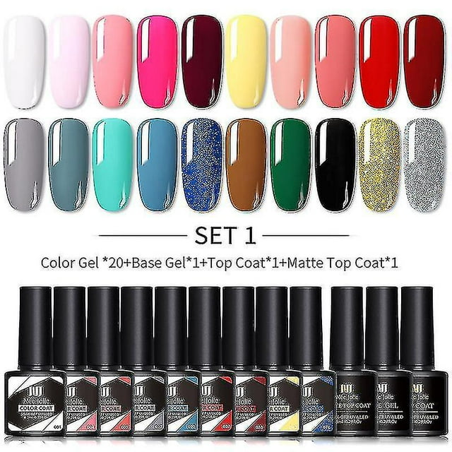 Juego de esmaltes de uñas en gel, 20 piezas Kit de esmaltes en gel de color neón con gel base, capa superior y capa superior mate