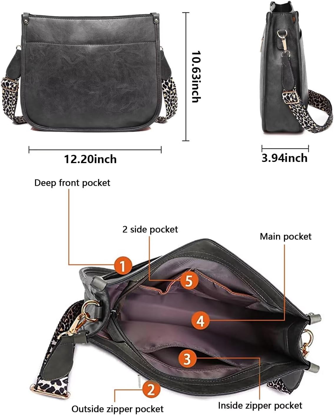 Kwuty Vegan Leather Crossbody Bags for Women, Crossbody Purse with Guitar Strap Zipped Pockets Handbag Shoulder Bag