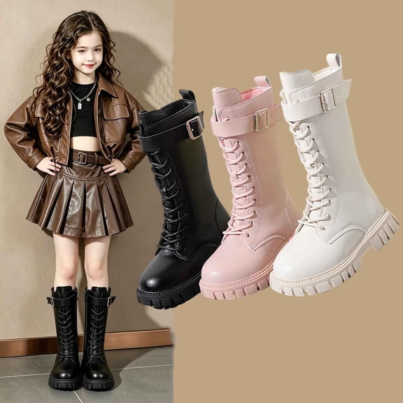 WAVSUF Girls Mid Calf Platform Boots Anti Slip Wide Width Round Toe Winter Warm Chunky Boots Pink 12.5 Little Kid