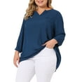 thumbnail image 1 of Blusa de gasa de mujer plus size Agnes Orinda con cuello partido, dobladillo alto-bajo, mangas 3/4, 2024, 2X, azul, 1 of 6