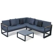 HomeStock Beachy Boho Black Sectional With Adjustable Headrest & Coffee Table With Cushions