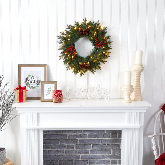 24in. Green Pine Artificial Christmas Wreath with 50 Warm White LED Lights, Berries and Pine Cones