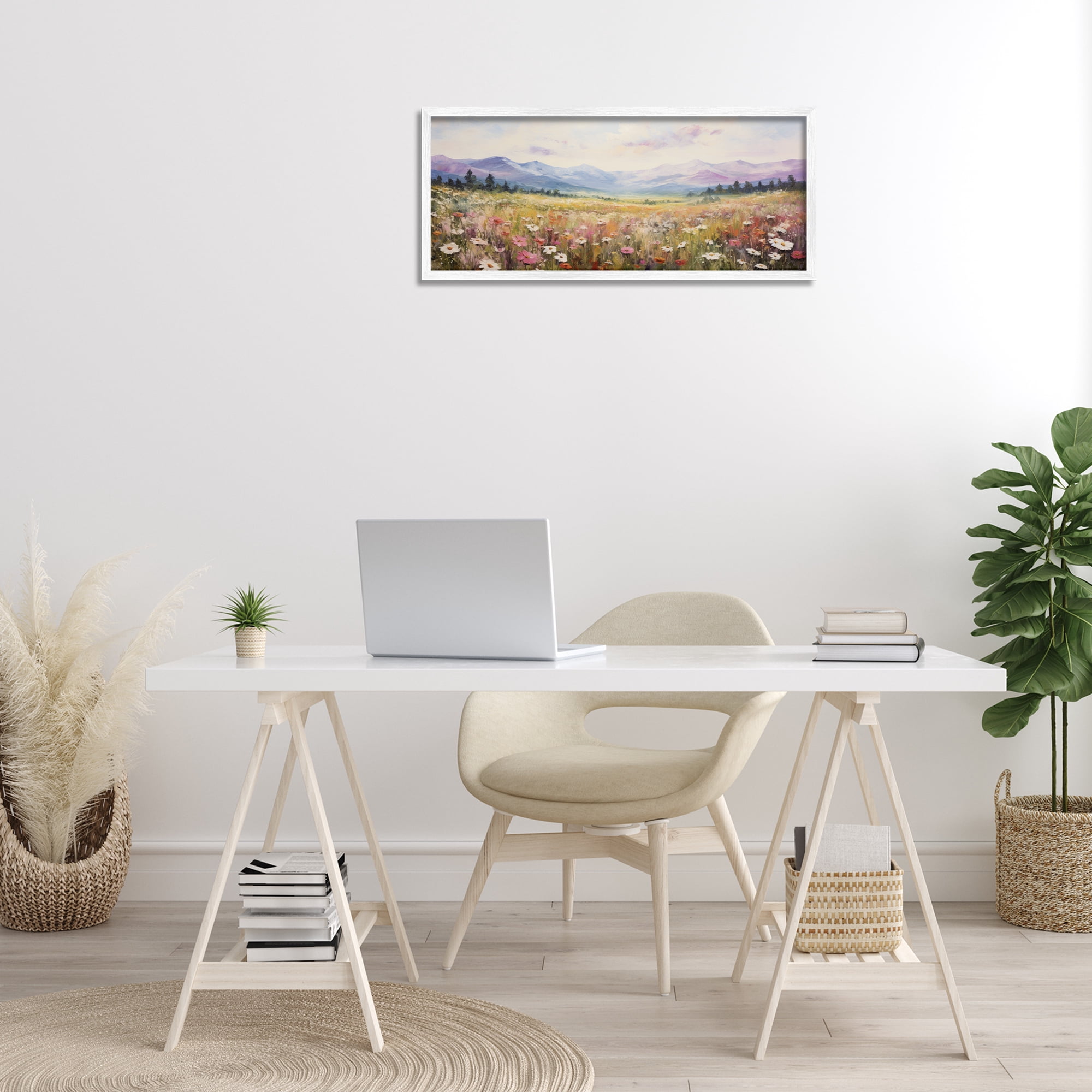 Stupell Industries Mountainous Daisy Meadow Landscape Painting White Framed Art Print Wall Art, 30 x 13
