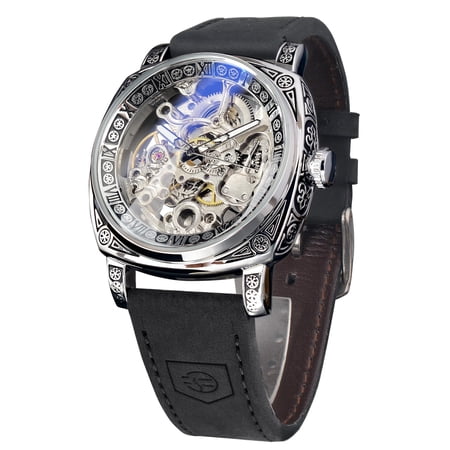 Watches for Man, Square Retro Mechanical Watch Self-Wind Carved, Skeleton Automatic Watches Vintage Leather Strap Wristwatch