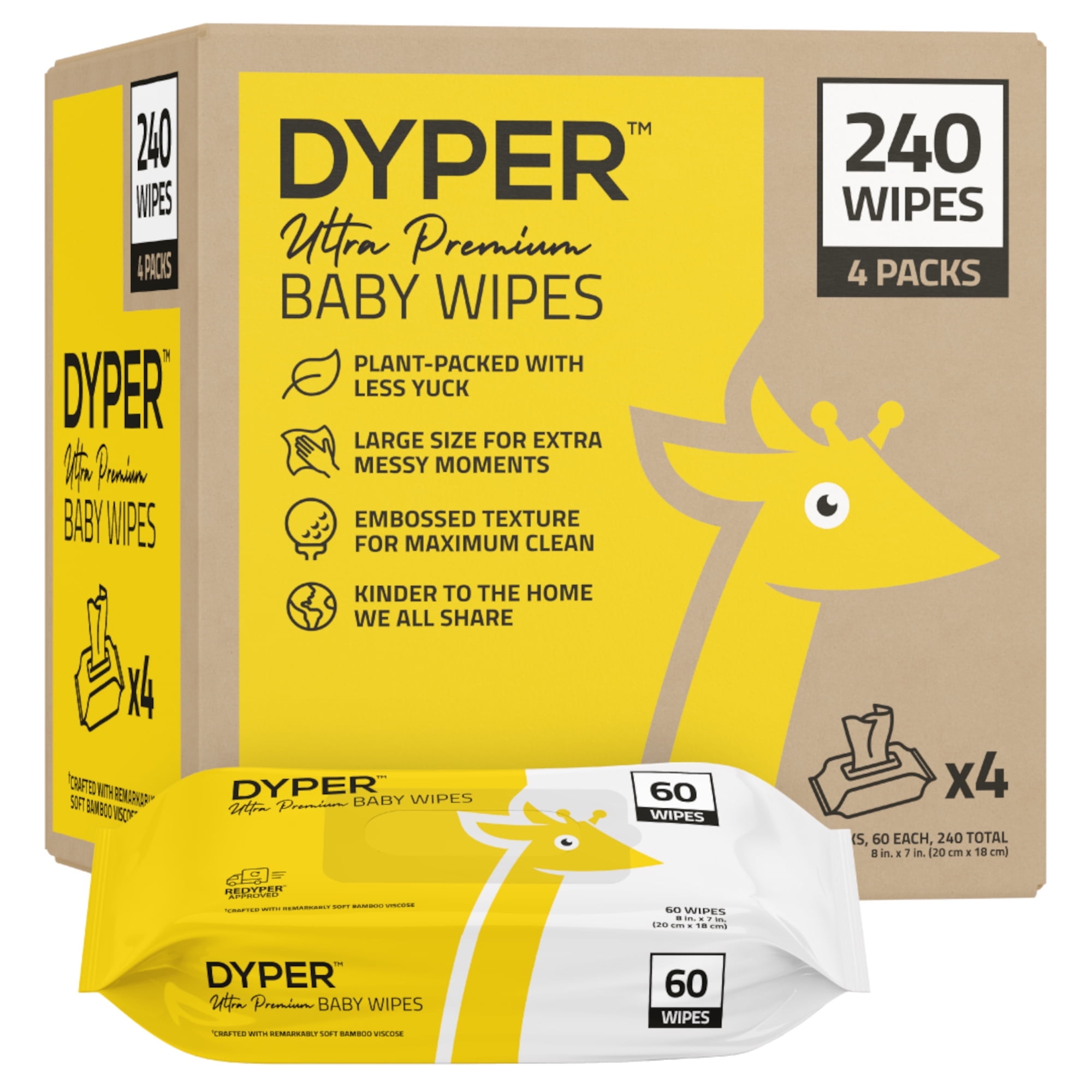 DYPER Ultra Premium Baby Wet Wipes for Sensitive Skin, Unscented, 4 Packs 240 Total Wipes