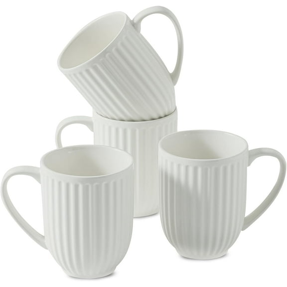 Ceramic Coffee Mugs Set of 4, 16 Oz Large Ribbed Coffee Cups with Big Handle, Unique Modern Style White Latte Mugs for Tea,Cocoa,Milk,Cappuccino, Microwave & Dishwasher Safe