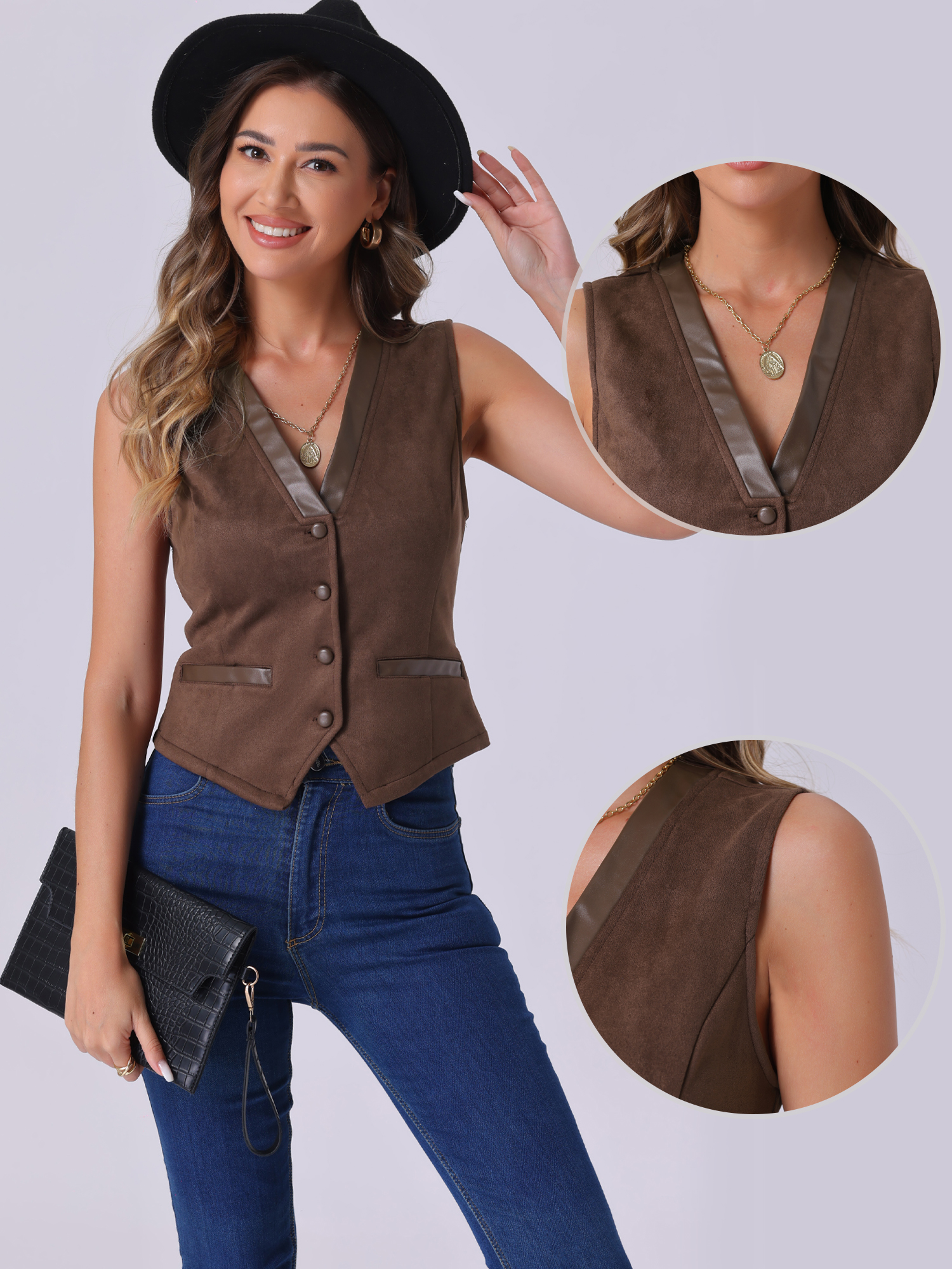 DARING DIVA Women's Vintage V Neck Faux Suede Button Down Sleeveless Jacket Vest XS Brown