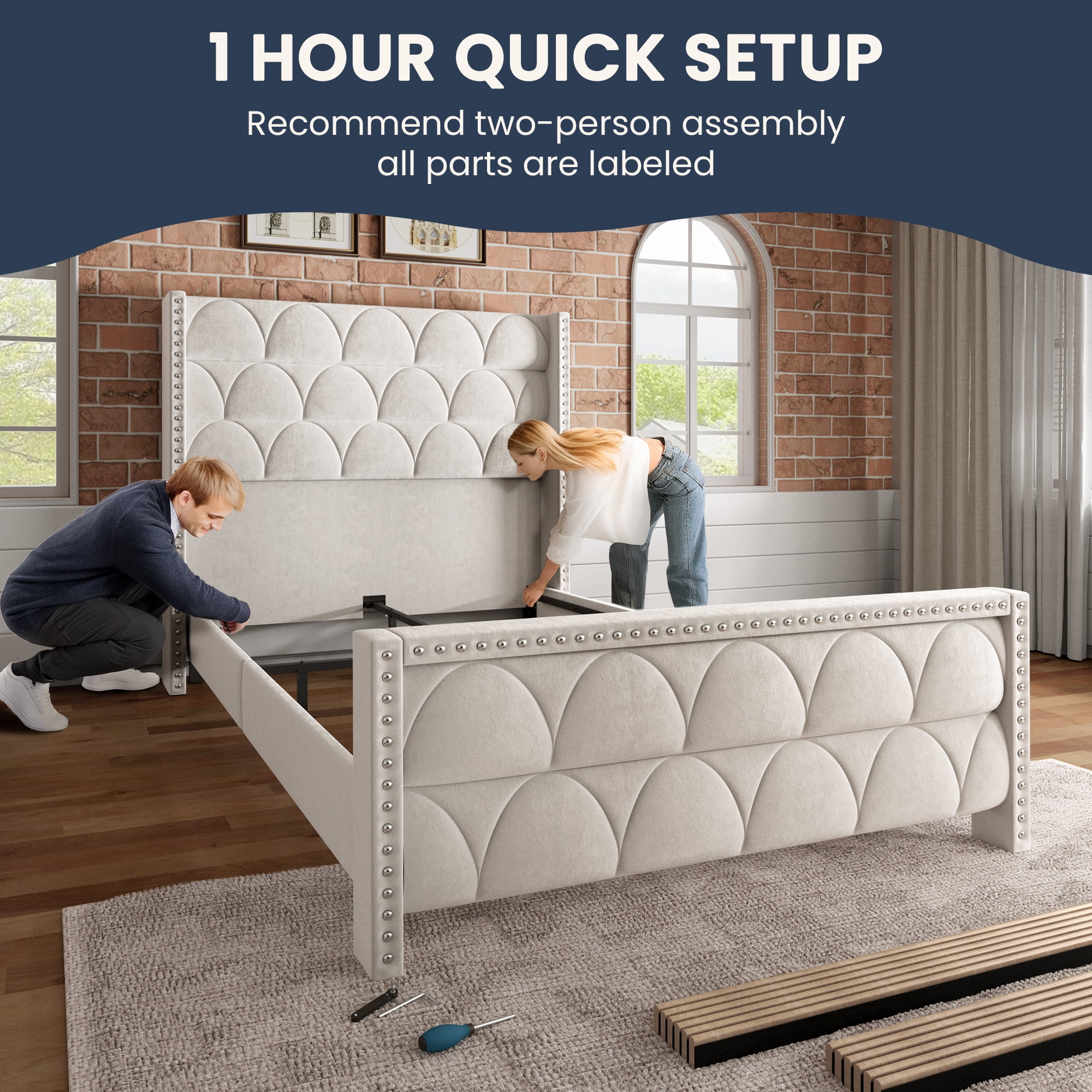 56" Velvet Upholstered Bed Frame with Wingback Headboard, Nailhead Trim, Wood Slat Support, No Box Spring Required