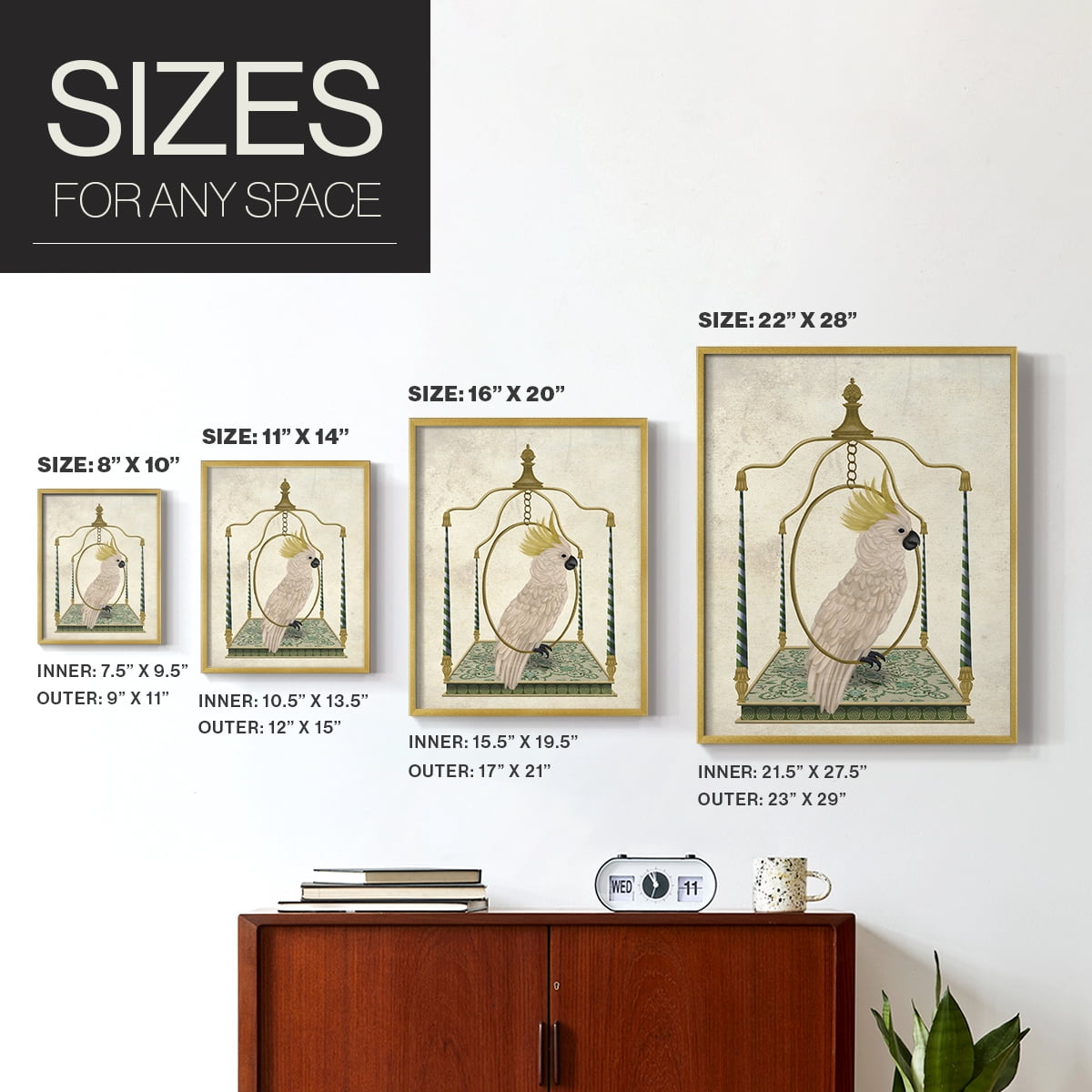 White Cockatoo on Swing Framed Print in Gold Solid Wood 22 x 28 Framed Print