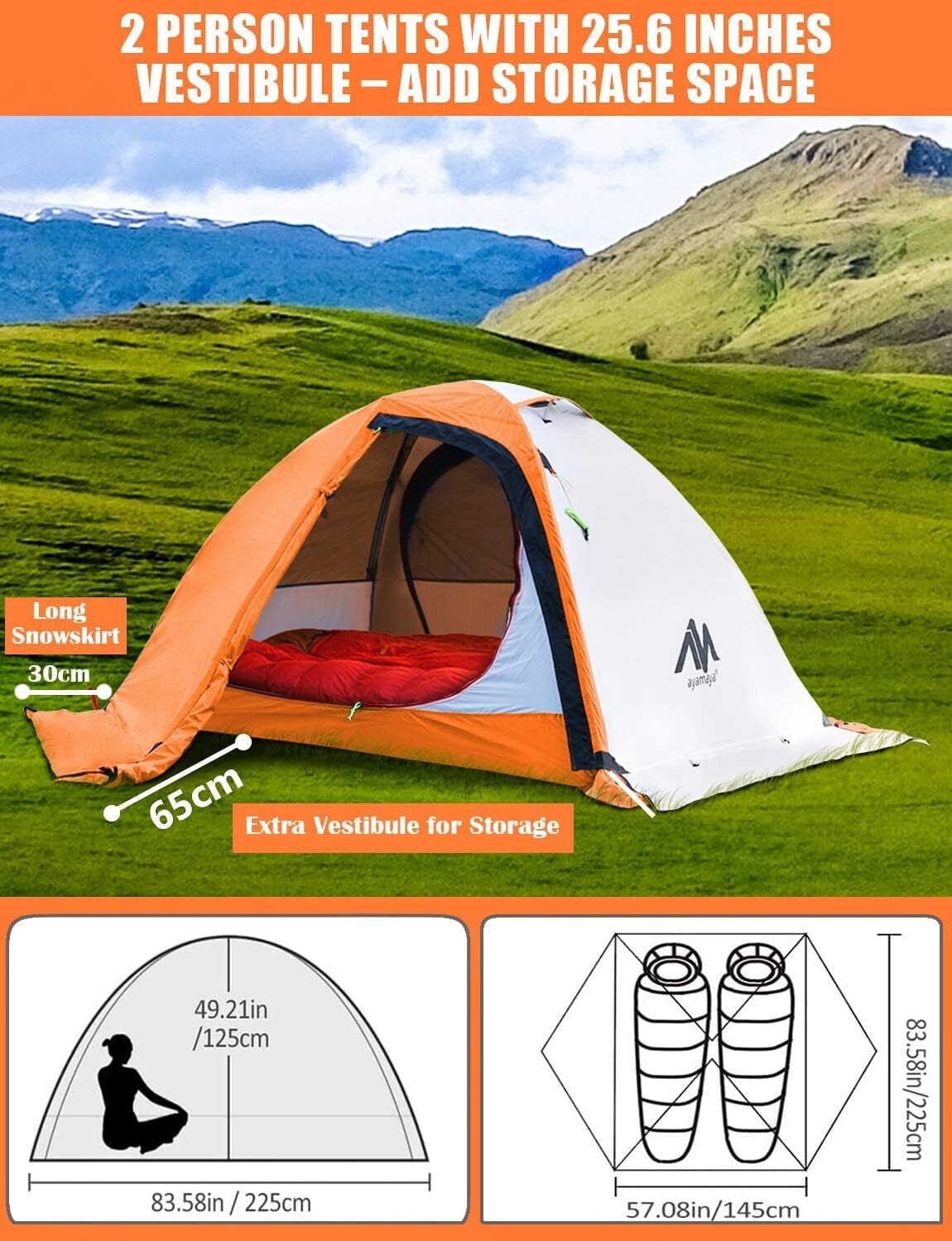 IC ICLOVER 4 Season Backpacking Tent for 2 Person Ultralight Waterproof All Weather Double Layer Camping Tents for Backpacker Outdoor Hiking Survival - Orange