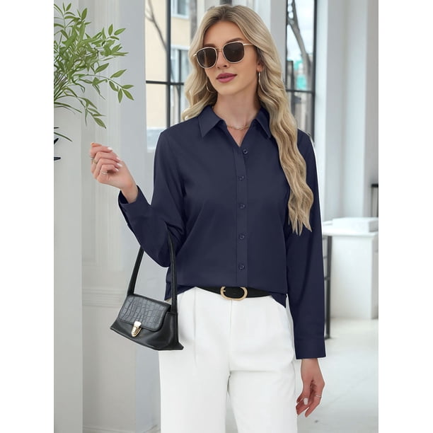 navy blue dress shirts for women Button Down Collared Long Sleeve Shirt Business Casual Blouse for Work L Emmeline_C