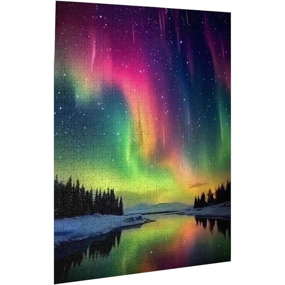 Puzzles For Adults 500 Pieces Aurora Over Sea Coasts Forest Lights At Night Northern On Lofoten Islands Norway  Formation Wooden Home Decoration Funny Wall Art Gift Jigsaw Puzzle