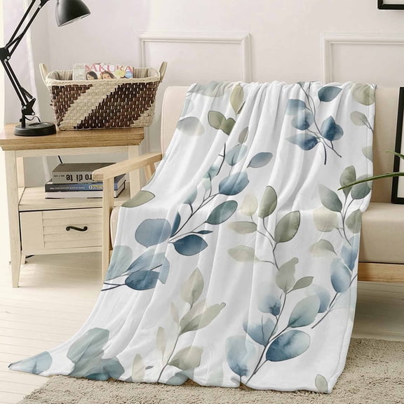 Fleece Blanket Farmhouse Watercolor Eucalyptus Leaves Blankets, Soft Cozy Warm Flannel Throw Blanket, Blue Green Plants Blanket for Bed Couch Sofa,40x50In