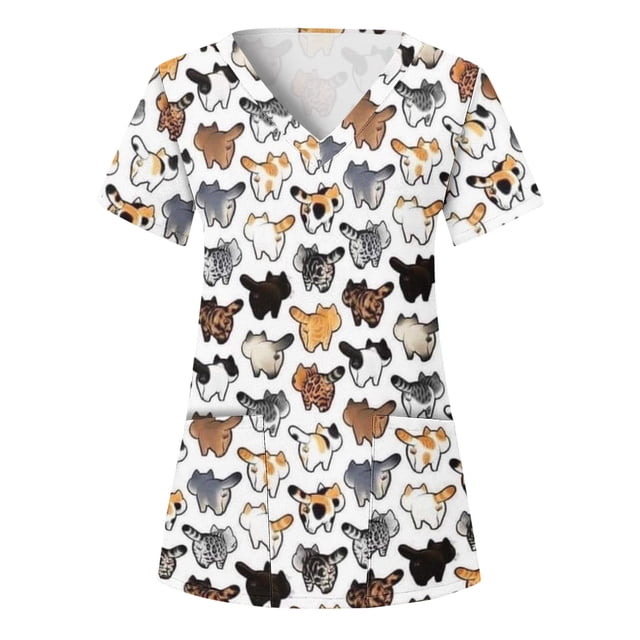 Hauts pour Femmes Col Roulé Animal Haut pour Femmes Paquet Imprimé Manches Courtes Col Roulé en V Chemise à Manches Longues Femmes Col Vacances Amusant à Motifs T-Shirts de Travail Blouse Hauts avec Poches