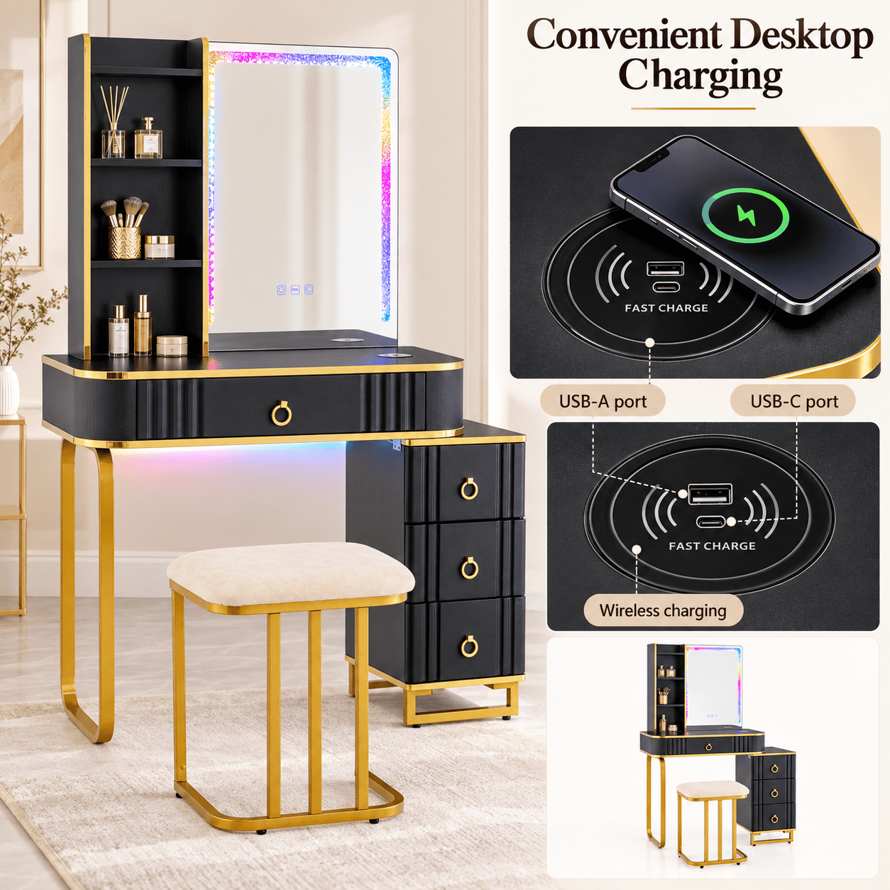 Furnibear Vanity Table Set with RGB LED Lights, Makeup Vanity Desk with Wireless Charging Station, Storage Shelves, Cabinet and Cushioned Stool, Black