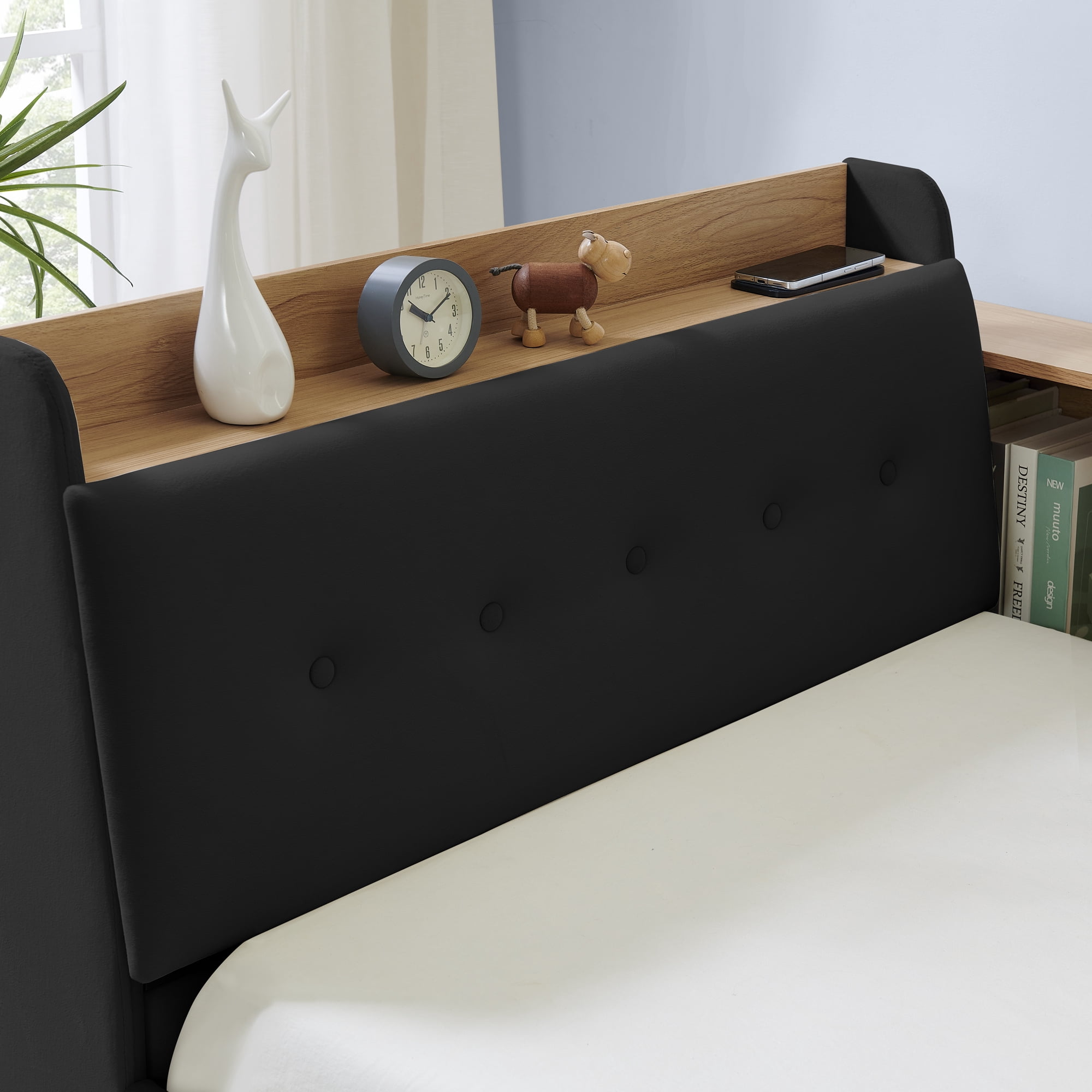 Leumius Corner Twin Size Bed Frame with Storage Headboard and Bookcase,Upholstered Daybed with Two Storage Drawers,LED Lights,Wireless Charging,Black