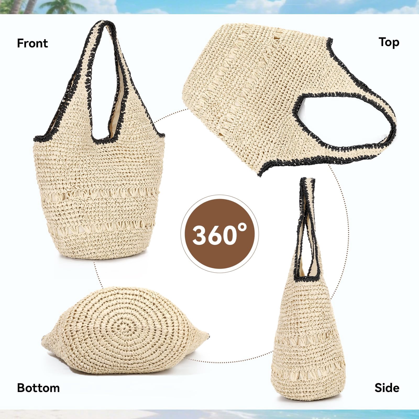 Beach Bags for Women Woven Summer Purses 2026 | Crochet Straw Bags, 13.8" Large Capacity, Tote with Magnetic/Zipper, Boho Handbag, Spring Summer, Vacation Purse