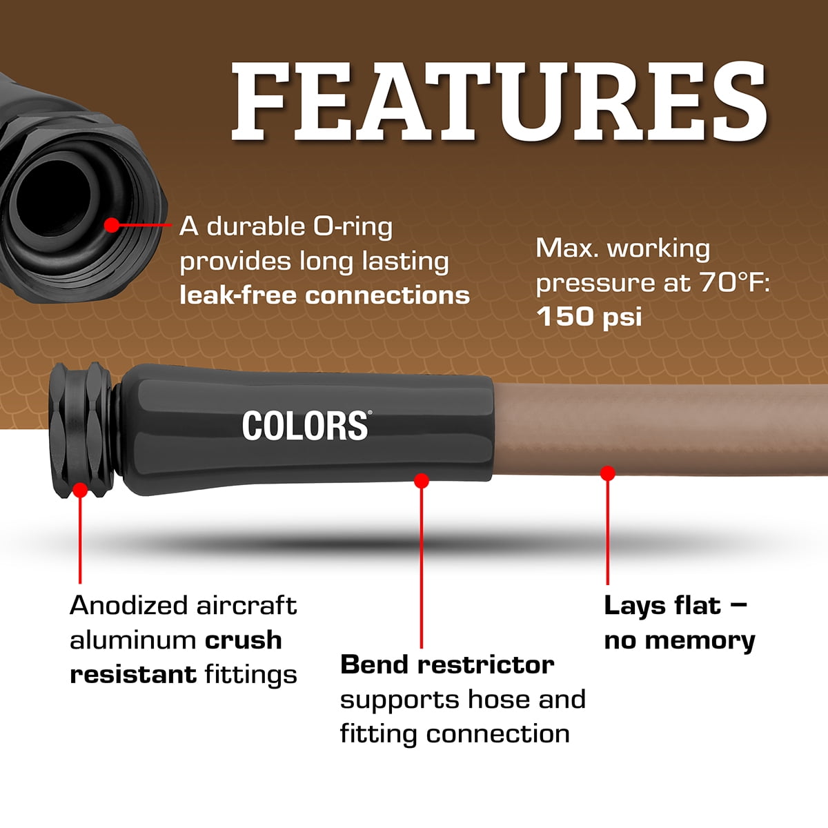Flexzilla Colors Garden Hose 5/8 in. x 50 ft., Lightweight All-Weather Water Hose, Durable and Flexible, Leak-Free Connections, Brown Mulch