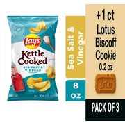 Lays Kettle Cooked Sea Salt and Vinegar Kettle Potato Chips 8 oz - Pack of 3 & Lotus Biscoff Cookie - 0.2 Oz - 1 ct