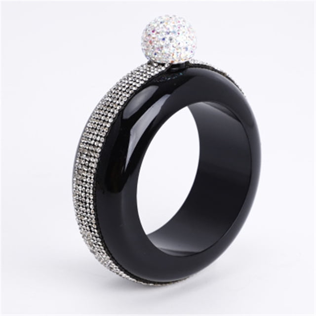 Bracelet Flask Bangle Flasks Creative Stainless 304 Steeland Hip Flask Funnel Set For Women 3.5 oz (Black With Rhinestones Lid)