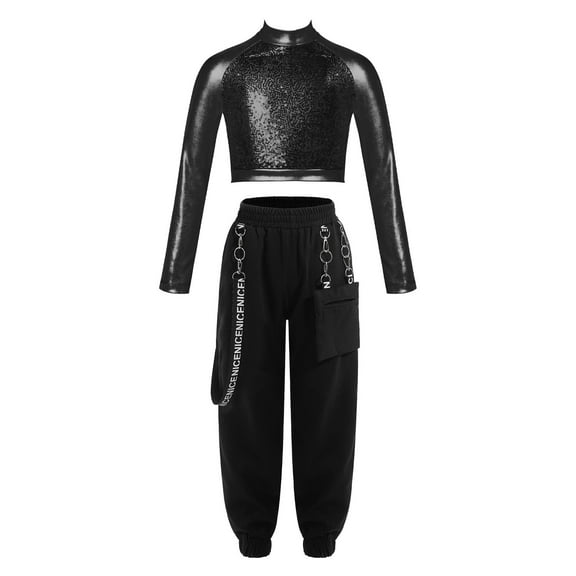YONGHS Kids Girls Hip Hop Dance Costume Outfits Long Sleeve Sequin Crop Top with Cargo Pants Set Black 6