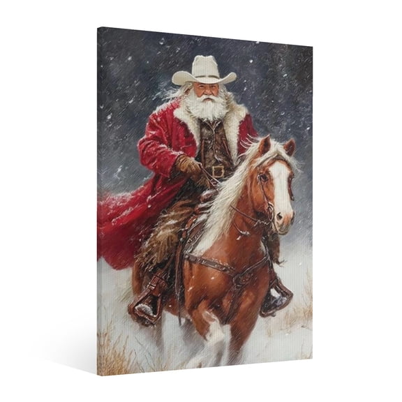 Vintage Christmas Santa Claus riding a horse Wall Art Paint - Xmas Festive Winter Holiday Christmas Wall Decor Canvas for Living Room Kitchen Bathroom Home Bedroom Decor Framed