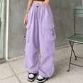 thumbnail image 2 of WULMLEO Women's Drawstring Elastic Waist Loose Pants Casual Flap Pocket Cargo Pants Trousers Purple S, 2 of 5