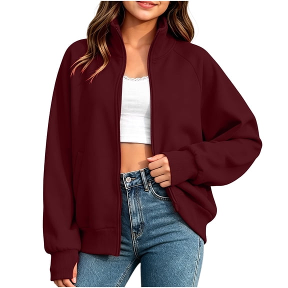 Mitankcoo Girls Full‑Zip Jacket Stand Collar Raglan Sleeve Sweatshirt Coat with Thumb Holes & Pockets Casual Loose Outerwear