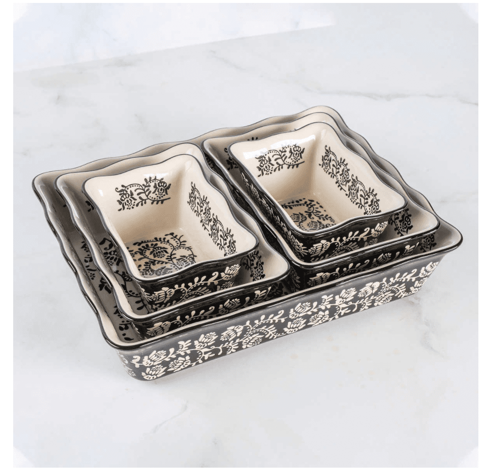 Baum Floral Vines 5-Piece Ceramic Bakeware Set with Rectangular and Square Dishes, Black
