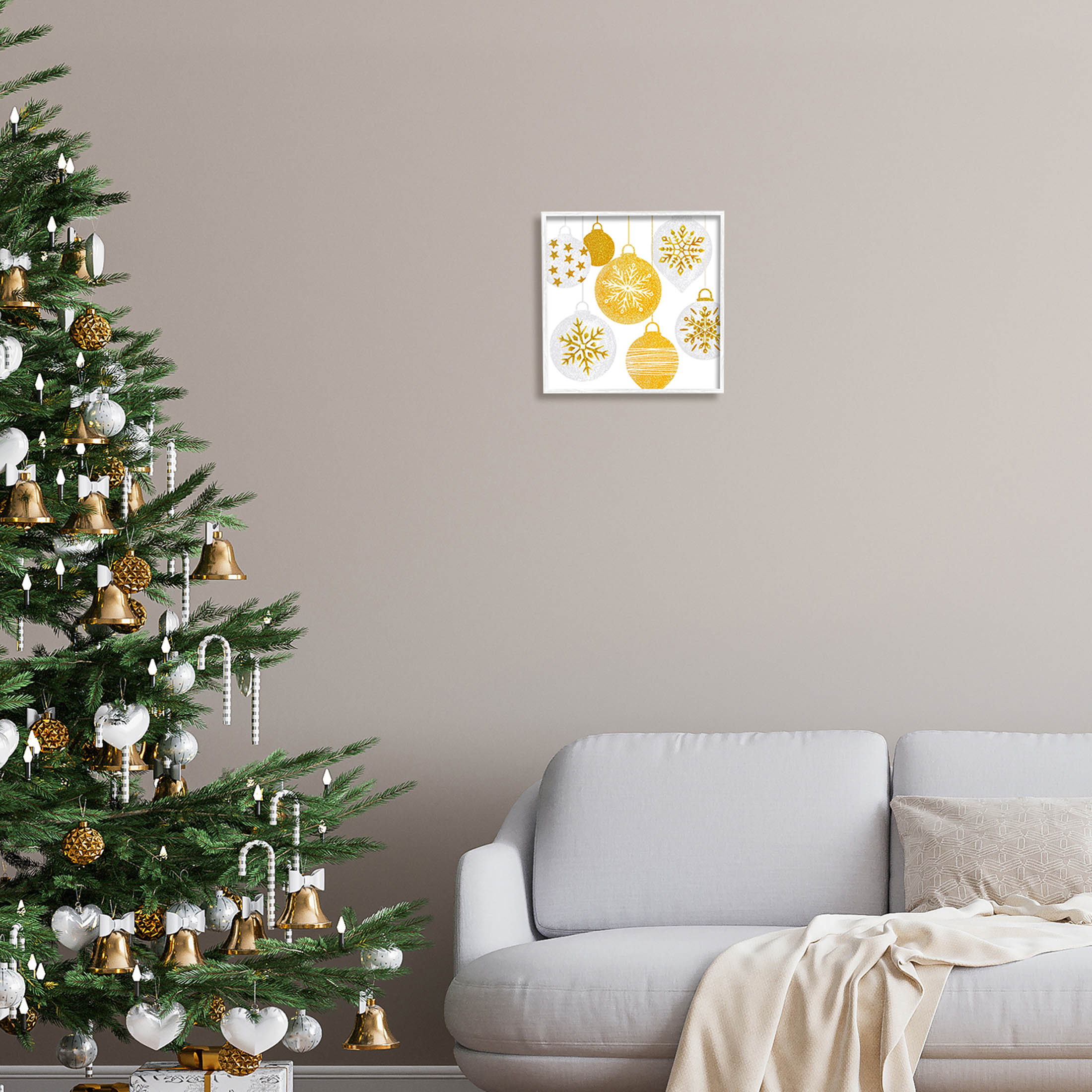 Glimmering Hanging Christmas Baubles Holiday Graphic Art White Framed Art Print Wall Art