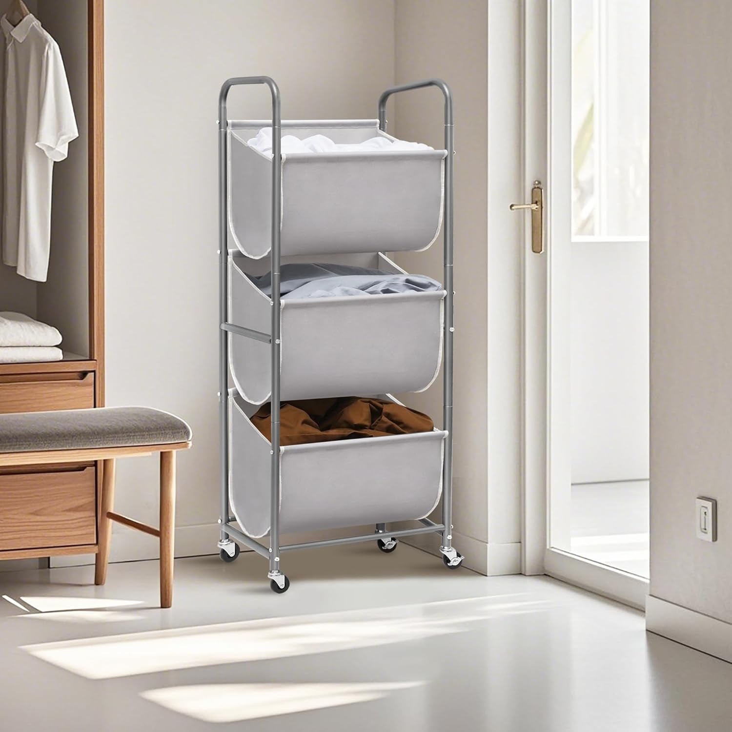120 Liters Vertical Rolling Laundry Hamper, 3 Section Laundry Sorter with Wheels and 2 Breaks, 3-tier Laundry Baskets for Small Space, Dorm, Laundry Room, Closet, Bathroom, Gray 3-tier