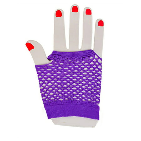 Adults  Neon Purple Fishnet Fingerless 80s Rock Costume Half Gloves