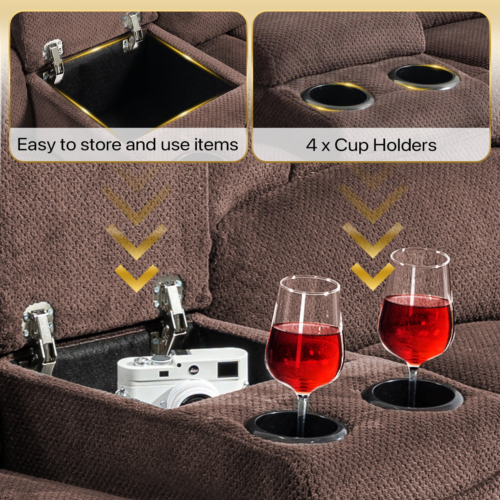 ReeQuo Oversized Reclining Loveseat with Adjustable Headrest, Dual Storage Console, USB & Type-C Charging, 4 Cup Holders & Phone Stands – Comfortable 2-Seater Recliner Sofa, Brown