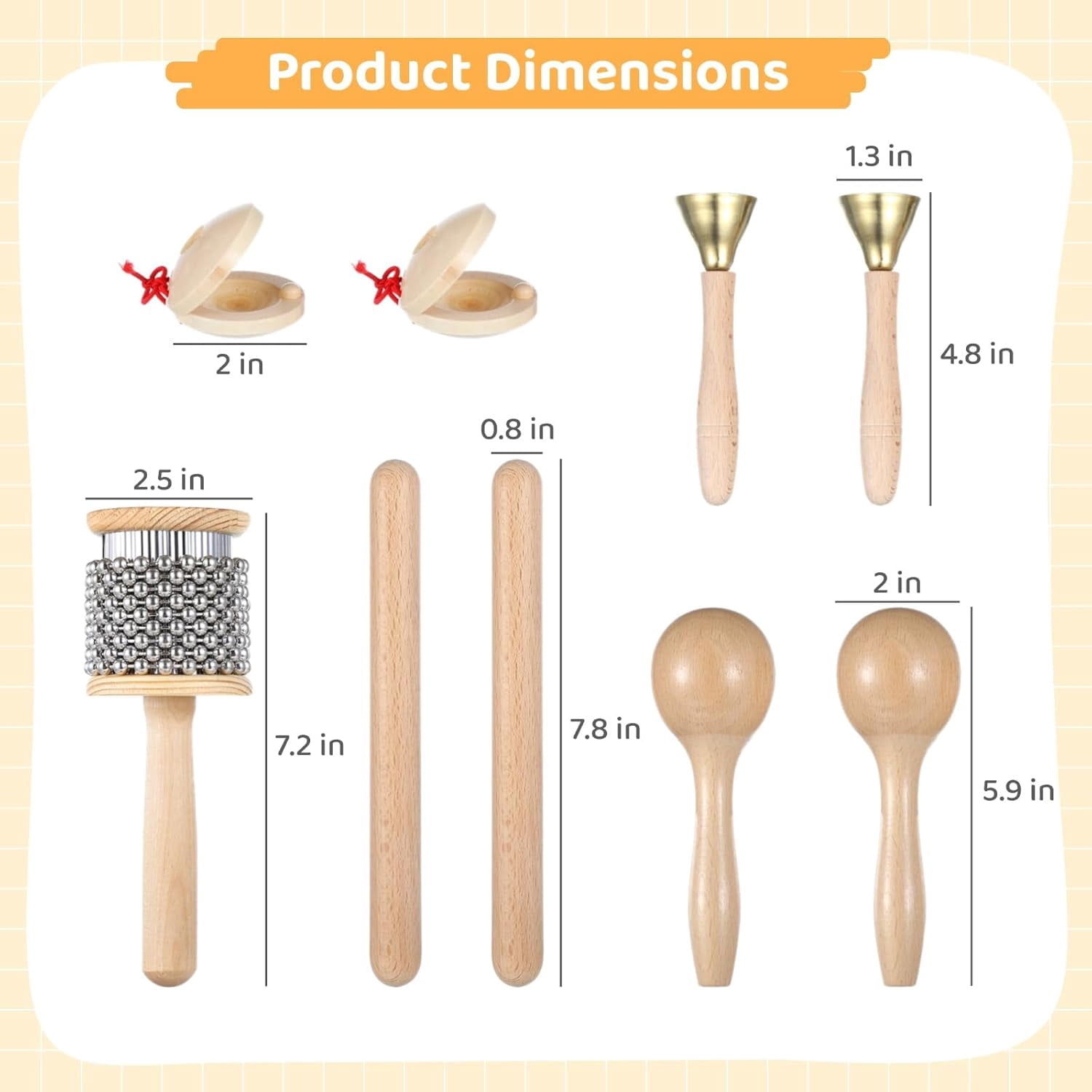 Liho 9 Pcs Musical Instruments Set, Wooden Hand Percussion Instruments, Including Wooden Cabasa, Rhythm Sticks, Maracas, Castanets, and Handle Bells A605