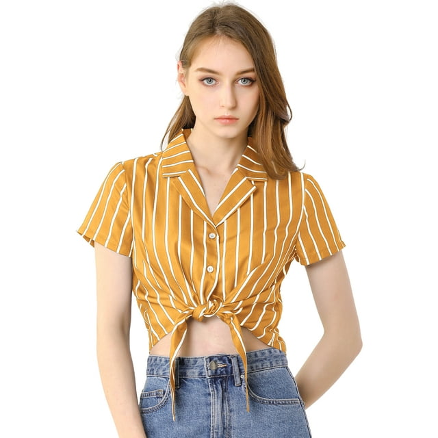 INSPIRE CHIC Women's Stripe Button up Short Sleeve Tie Front Short Shirt