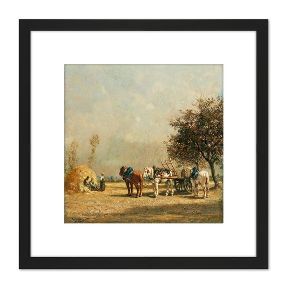 Jules Jacques Veyrassat Hay Wain C1850 Painting 8X8 Inch Square Wooden Framed Wall Art Print Picture with Mount