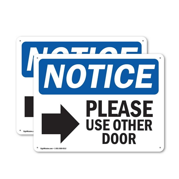 (2 Pack) Please Use Other Door OSHA Notice Sign 10 Inch X 7 Inch Indoor / Outdoor Rust-Free Aluminum Metal Signs for Workplace, Workshop, and Construction Site, Made in the USA